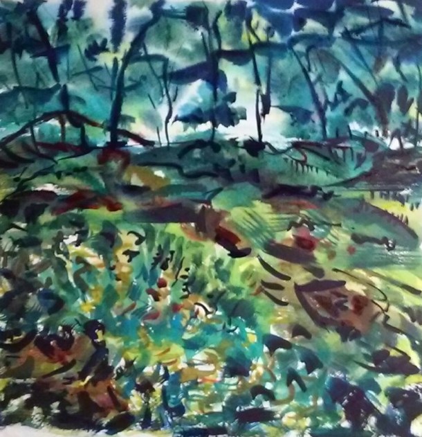 watercolor of mossy bank in woods