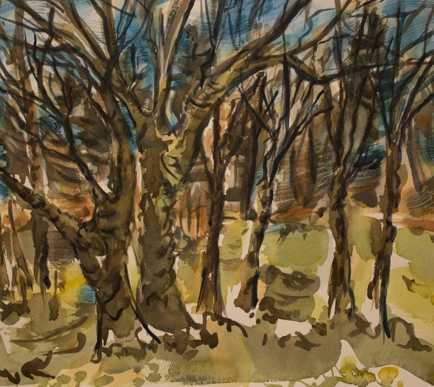 watercolor of ivy-covered trees on Pochet Road in E. Orleans