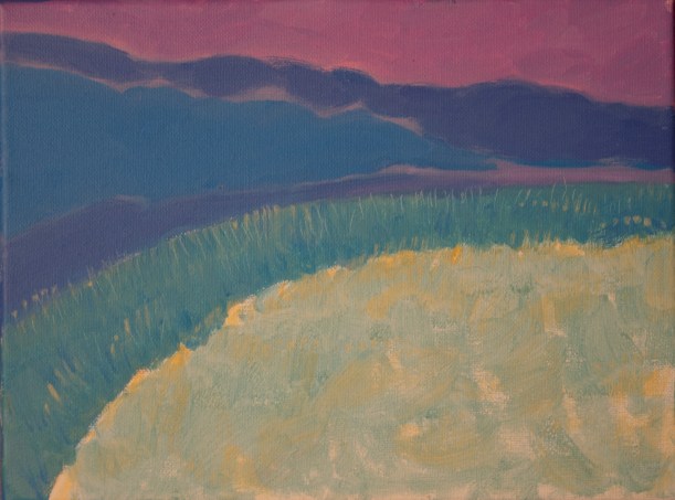 acrylic on canvas painting of highly abstracted dunes and dune grasses in pink, blue, green and yellow.
