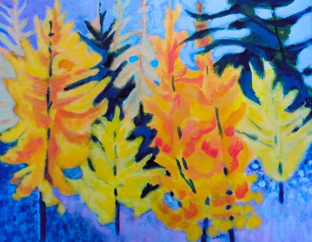 yellow and gold larch in fall against blue and violet background
